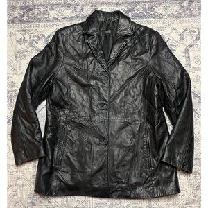 Vtg Womens Black Leather XL Long Jacket By Excelled Collection Pockets Button